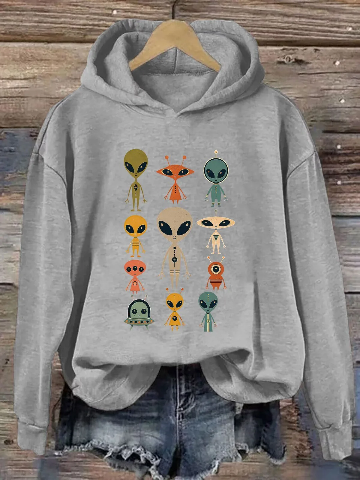 Cute Alien Cartoon Characters Graphic Print Gray Pullover Hoodie