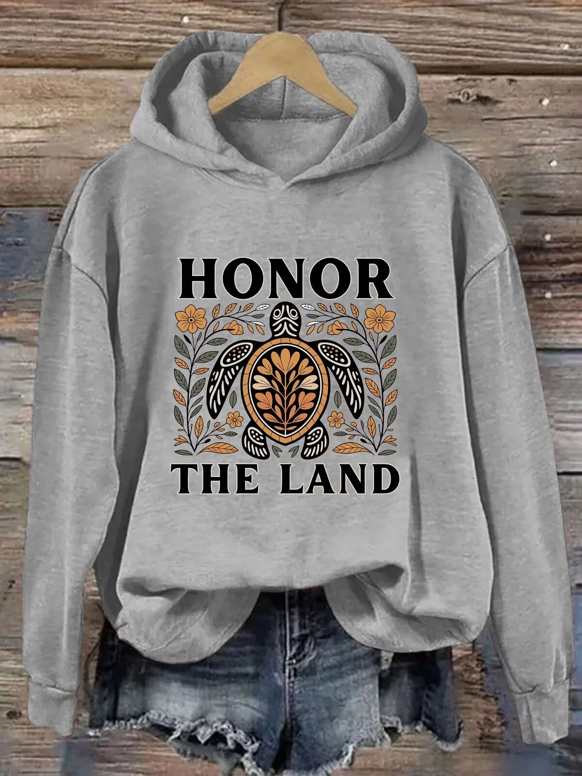 Honor The Land Floral Turtle Graphic Design Gray Hoodie