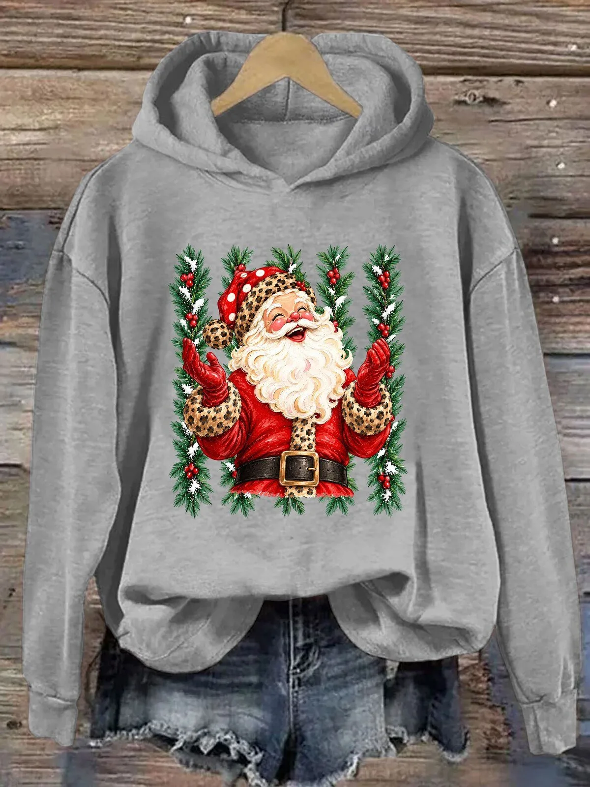 Happy Santa Claus Leopard Print Christmas Hoodie