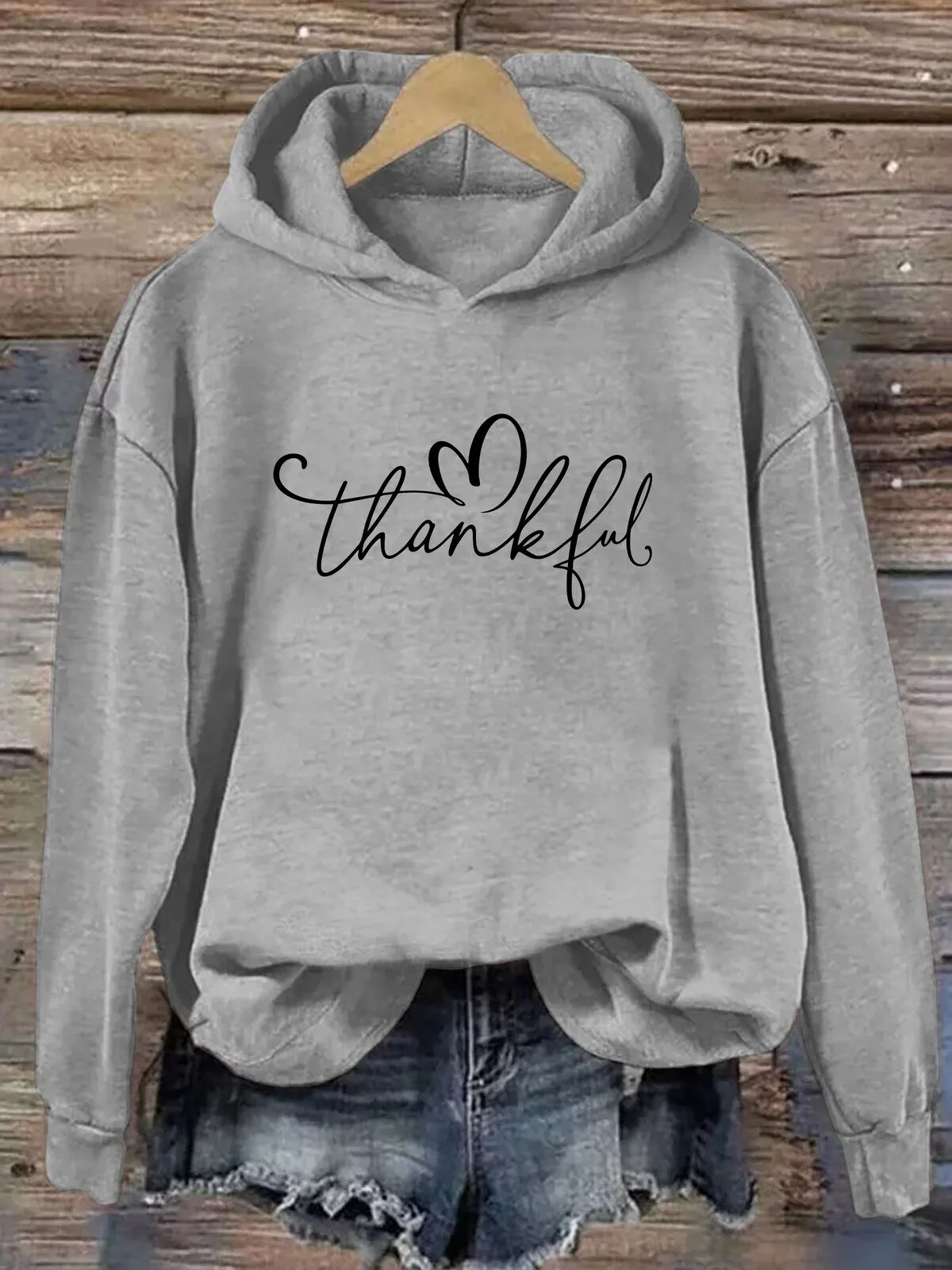Thankful Heart Script Design Gray Pullover Hoodie for Women