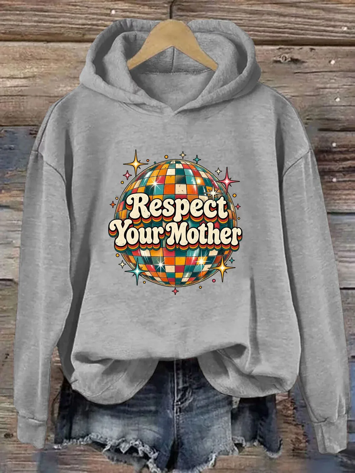 Respect Your Mother Disco Ball Retro Design Women's Gray Hoodie