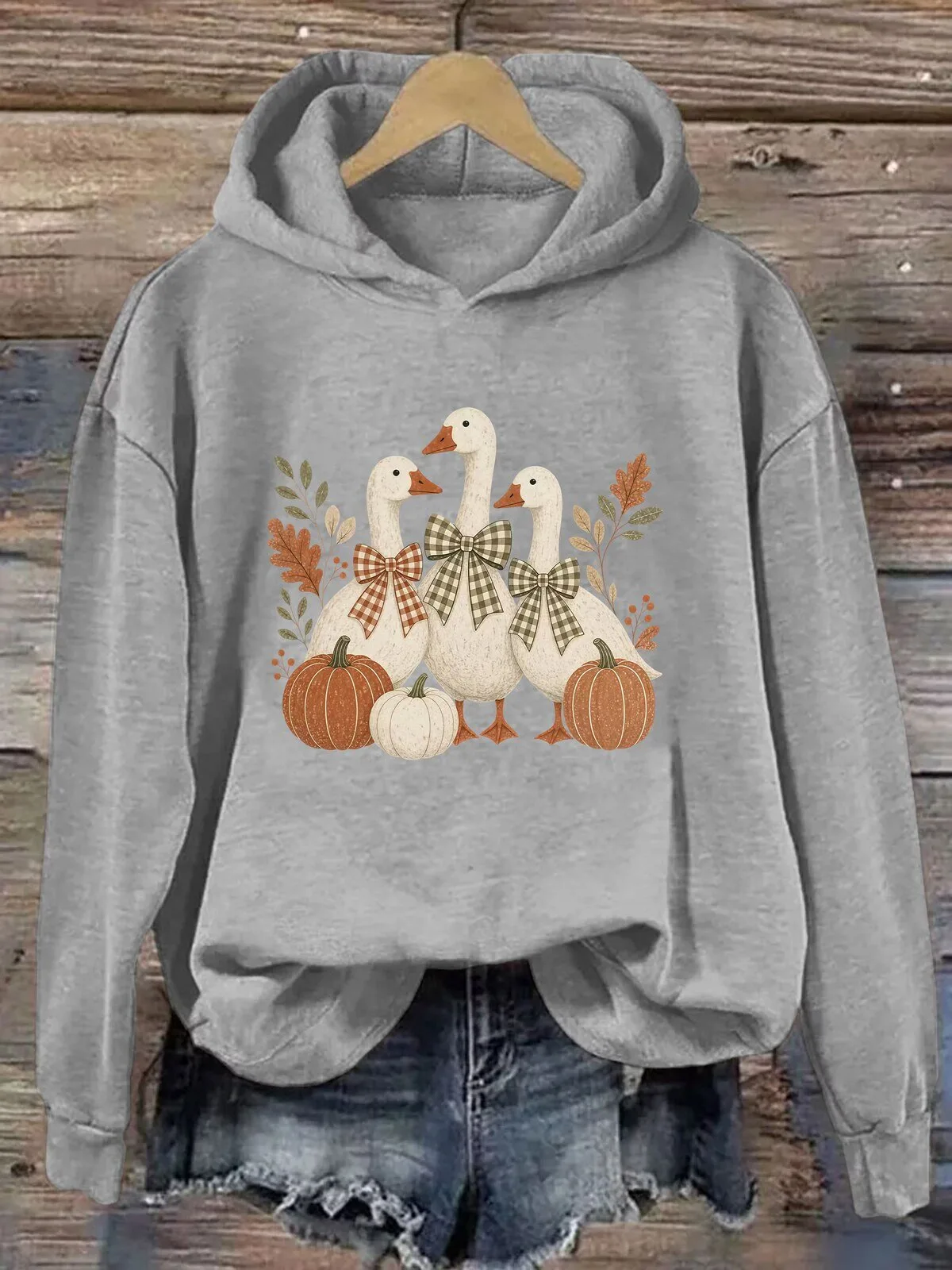 Autumn Geese and Pumpkins Fall Season Graphic Print Gray Hoodie