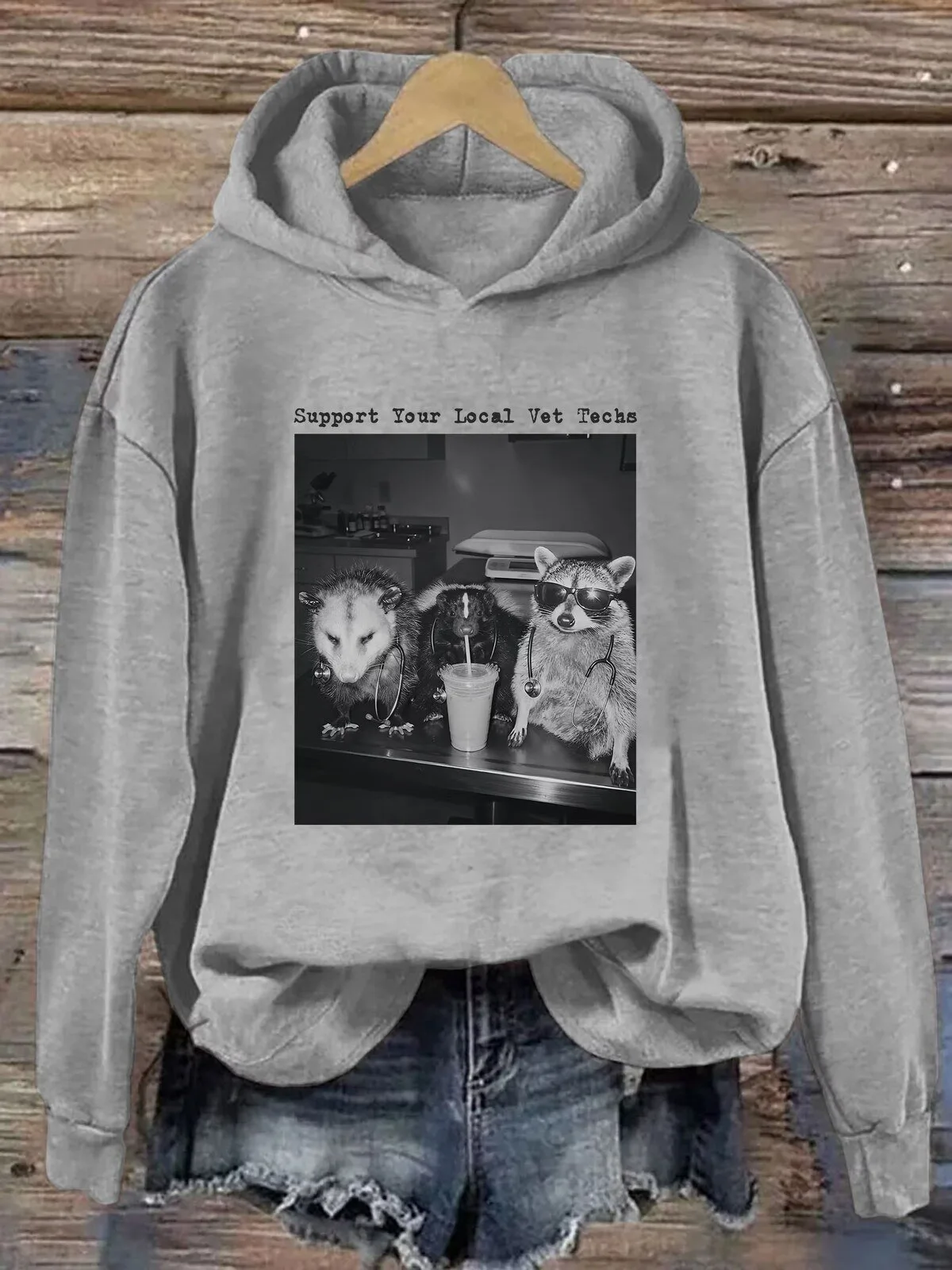 Support Your Local Vet Techs Opossum Raccoon Skunk Animal Lovers Hoodie