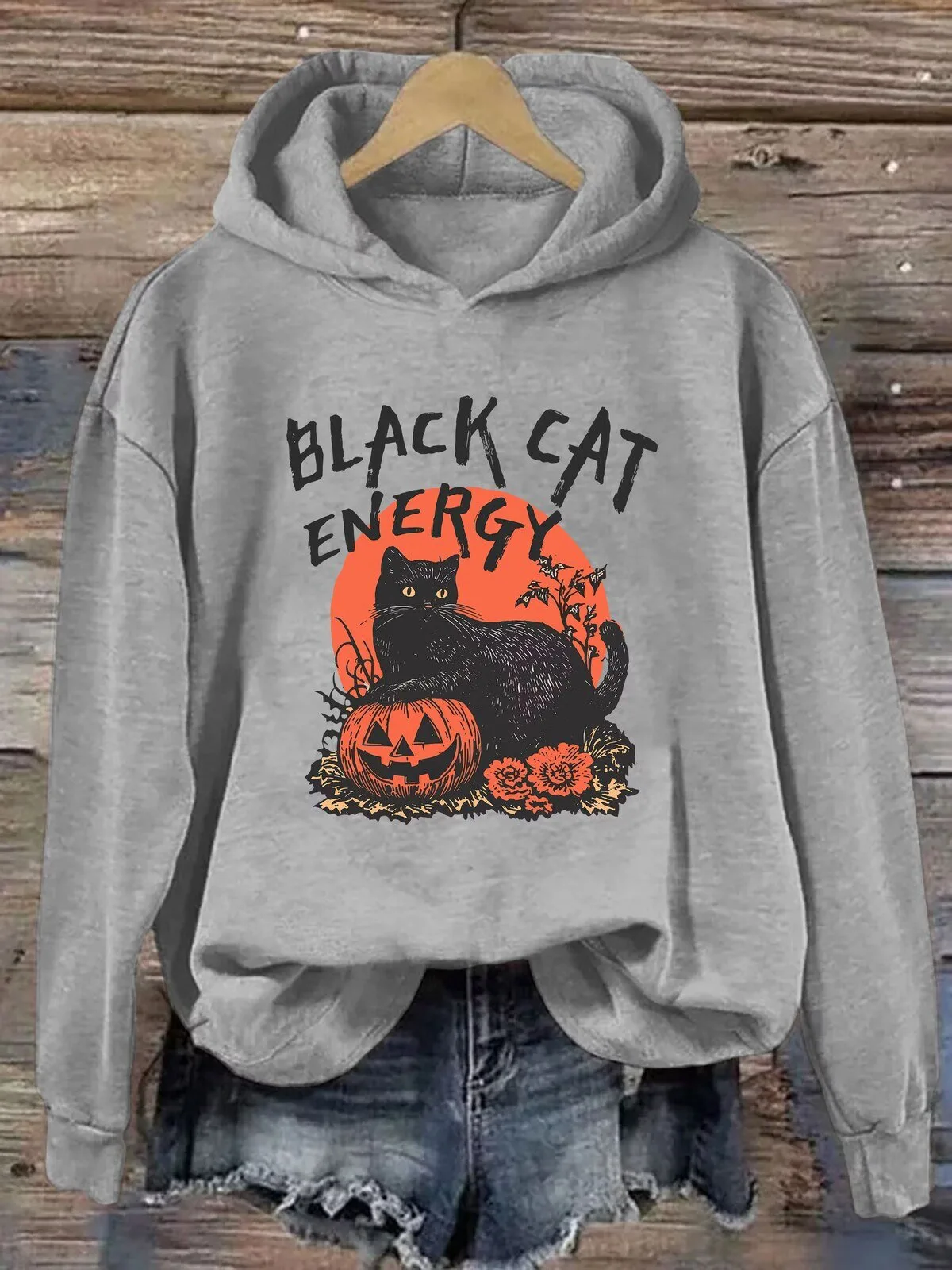Black Cat Energy Halloween Pumpkin Spooky Season Funny Hoodie