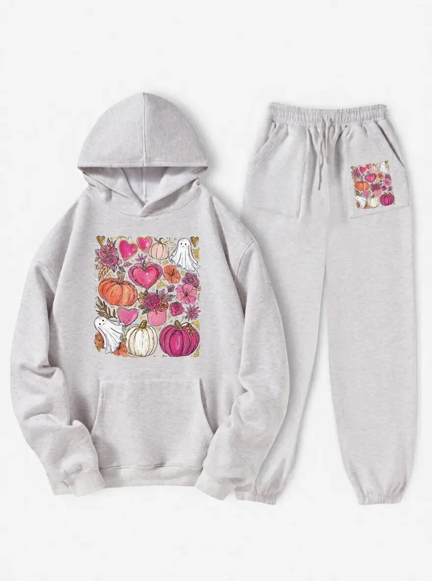 Cute Halloween Pumpkins and Ghosts Fall Floral Hearts Hoodie