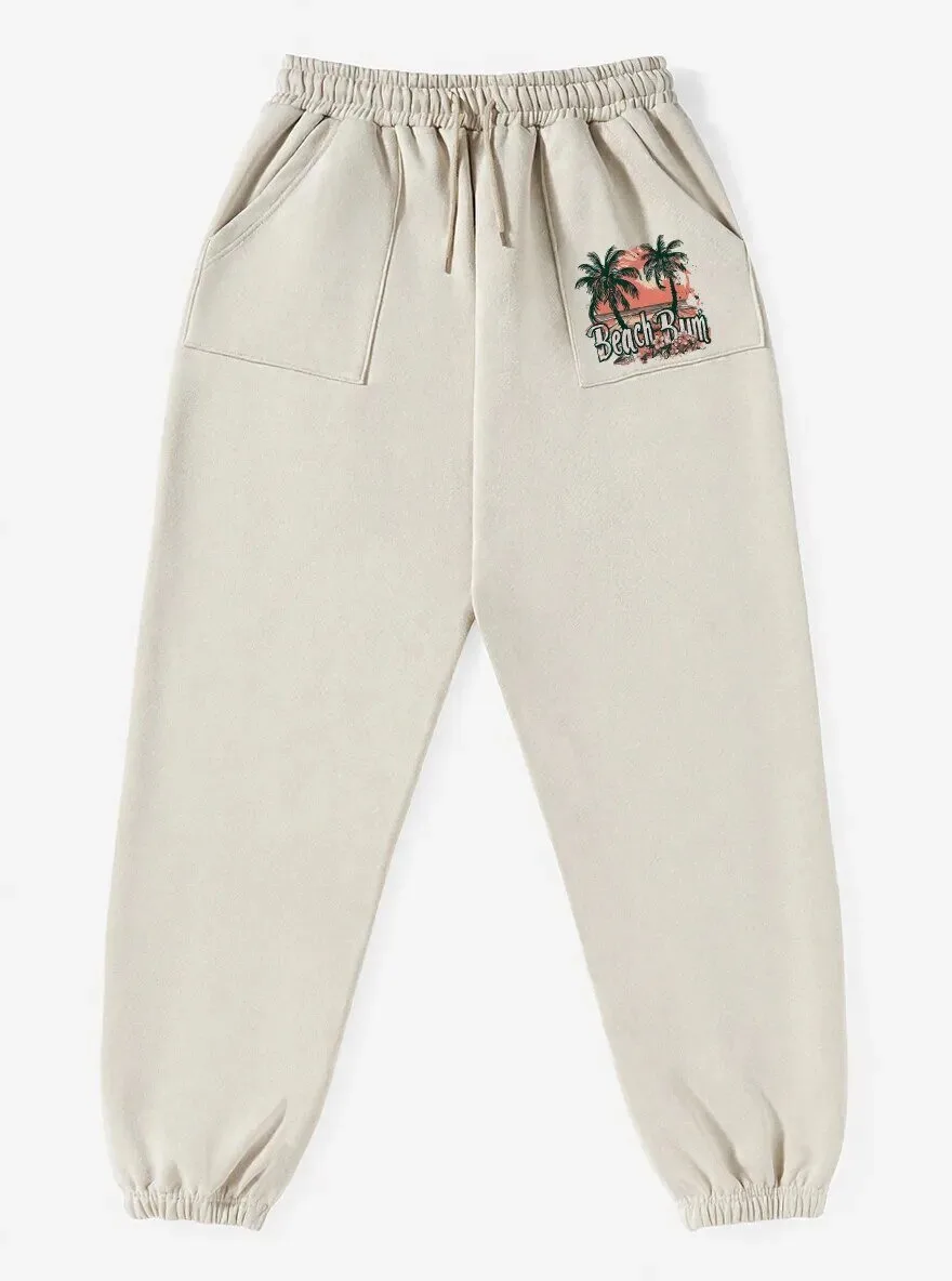 Vintage Beach Bum Palm Trees Graphic Print Fleece Sweatpants